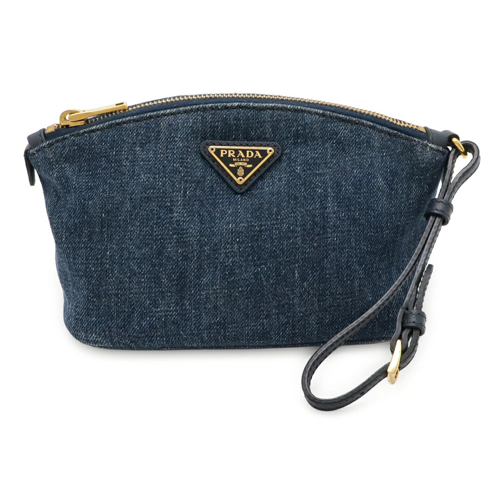 Prada Triangle Cosmetic Pouch Clutch Accessory Case Denim Leather Blue